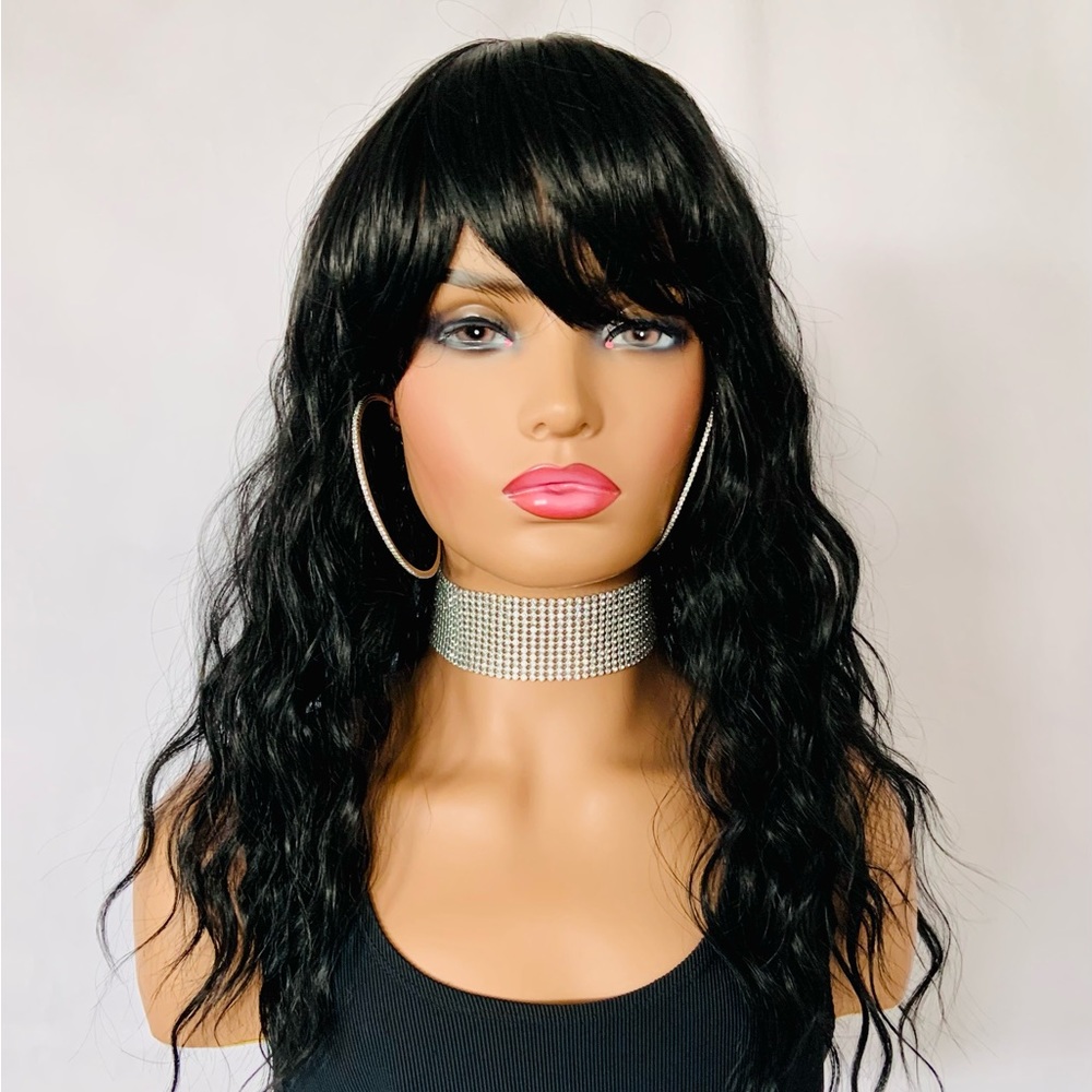 20” Effortless Style Black Synthetic Wig with Bangs for Daily Wear/Cospl…